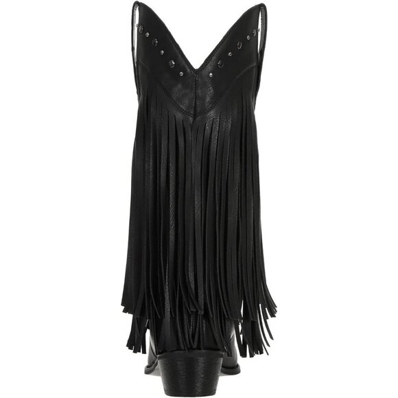 Women's Black Cowboy Boots Leather Classic Comfortable Fringe Western Boots - Picture 2 of 6